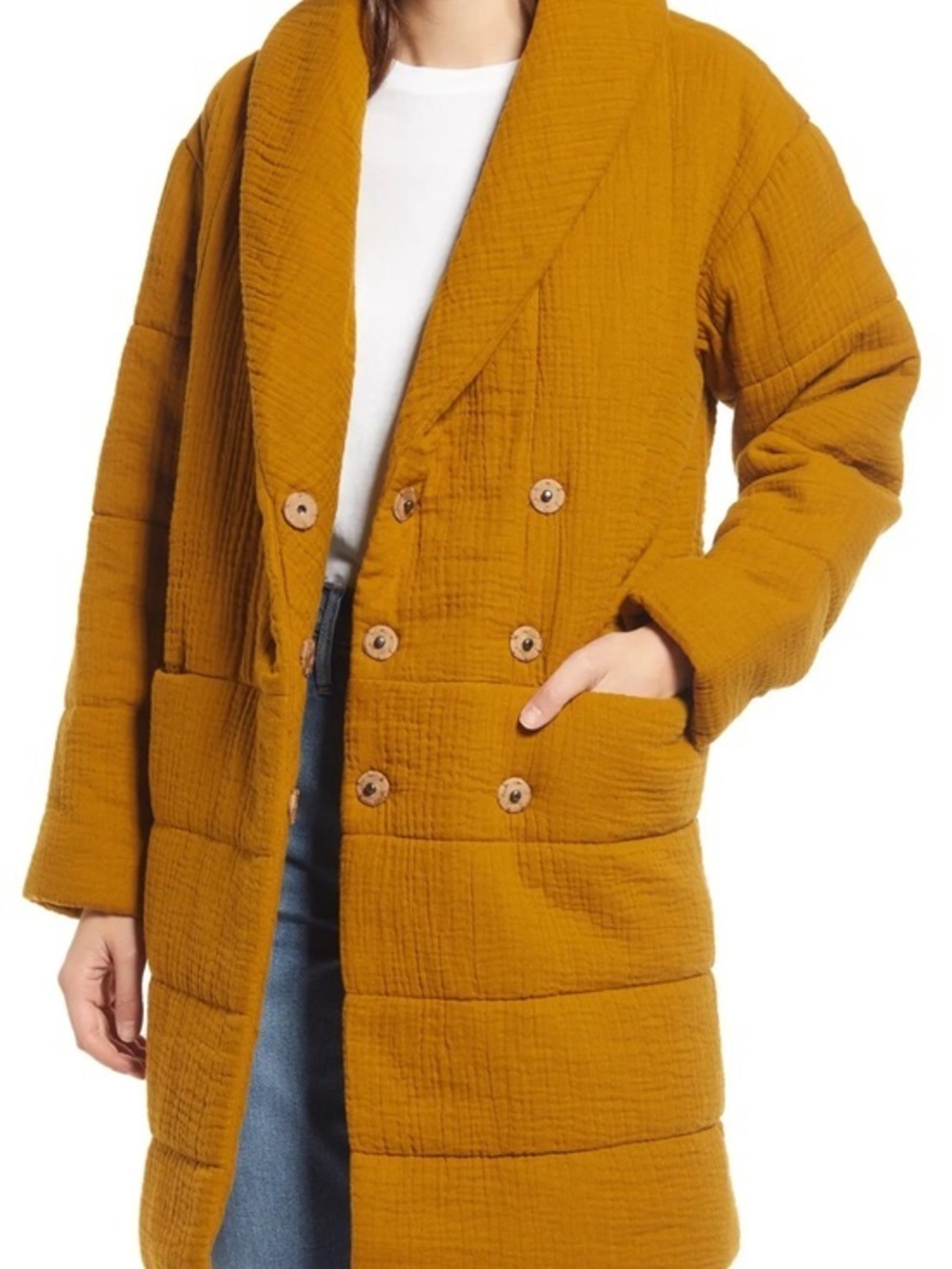 Madewell Quilted Long Puffer Coat in Mustard